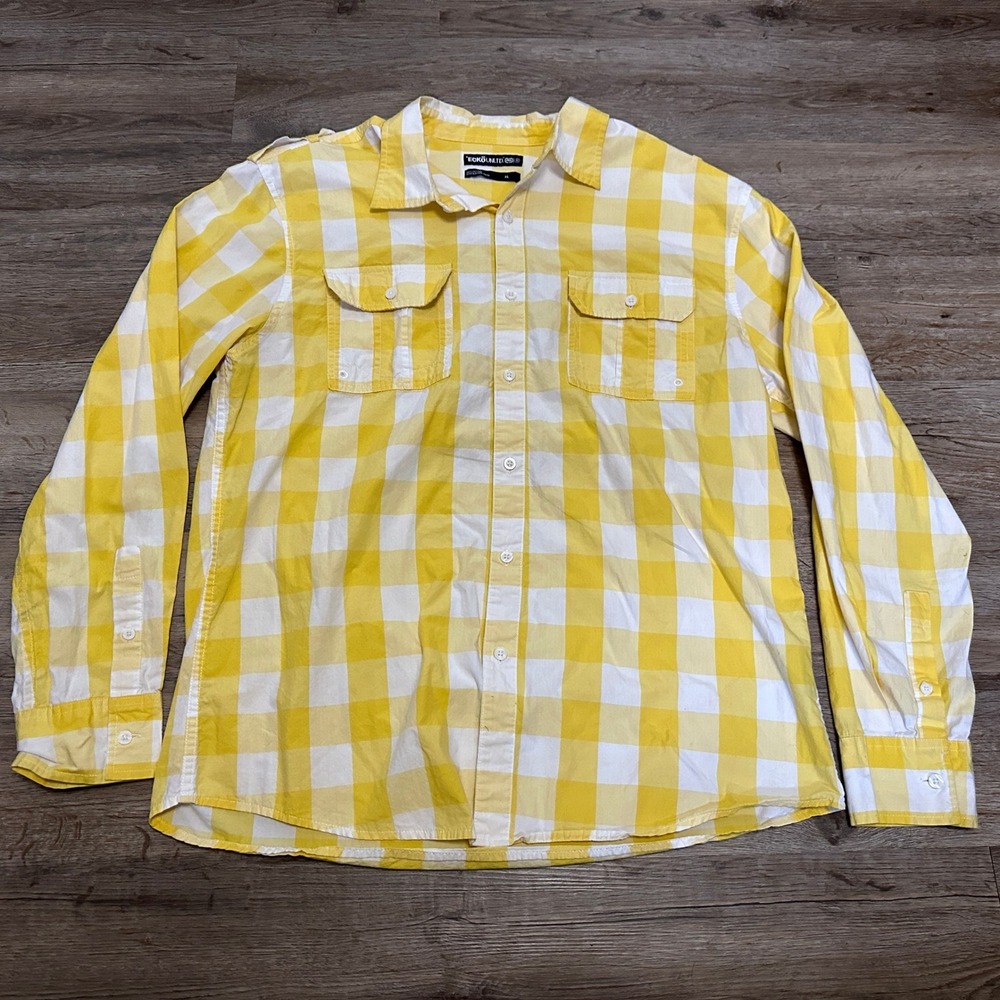 Ecko Unltd Mens XL Yellow White Buffalo Check‎ Plaid Cotton Button Down Shirt